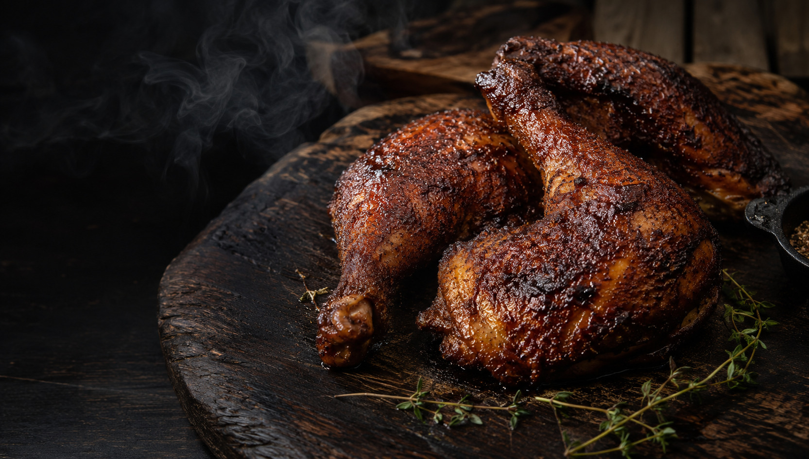 Styled photograph of smoked chicken quarters on a wooden board
