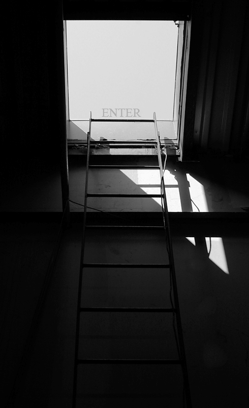 Black-and-white ladder leading up to an opening, with ENTER above it